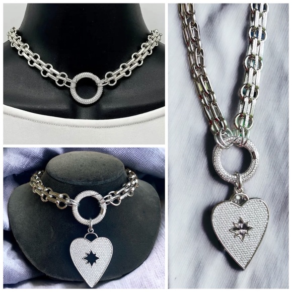 Two looks stainless steel choker heart necklace cz rhinestones boho st valentine - Picture 1 of 16